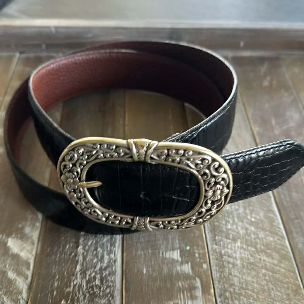 Croc Embossed Black Leather Belt Oval Ornate Silver Tone Buckle Women’s Size XL